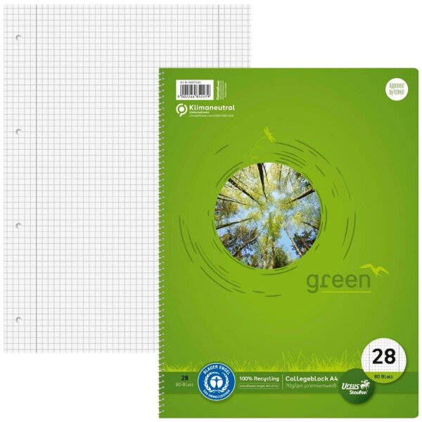 Ursus® Collegeblock green Lineatur 28 kariert DIN A4 Innen- und Außenrand, 1 Block
