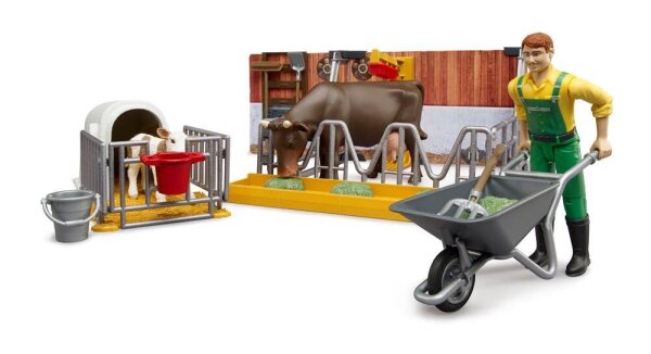 bruder bworld 62611 Kuh- und Kälberstall mit Landwirt Spielfiguren-Set