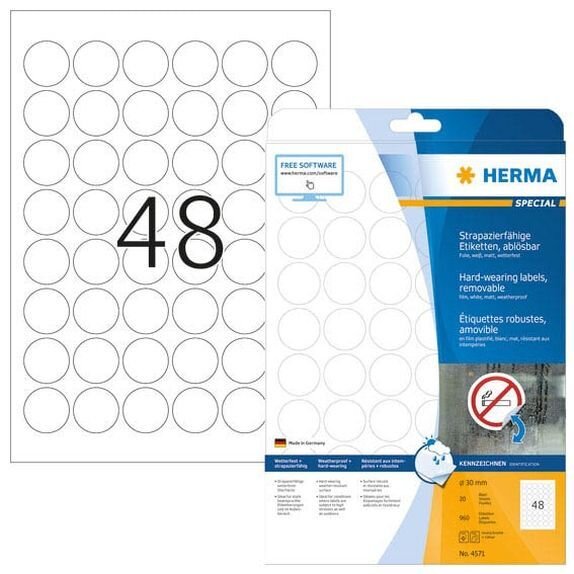 HERMA wetterfeste Folienetiketten 4571 weiß 30,0 x 30,0 mm, 20 Blatt