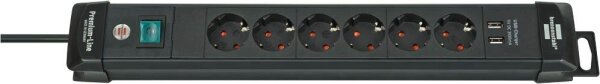 brennenstuhl Premium-Line 6-fach Steckdosenleiste mit Schalter 3,0 m schwarz mit USB-Buchse