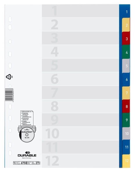 DURABLE Ordnerregister DIN A4 Vollformat 1-12 blau, gelb, rot, grün, grau 12-teilig, 1 Satz