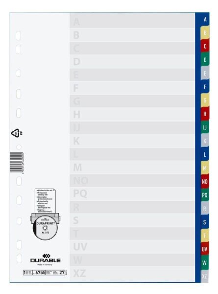 DURABLE Ordnerregister DIN A4 Vollformat A-Z blau, gelb, rot, grün, grau 20-teilig, 1 Satz