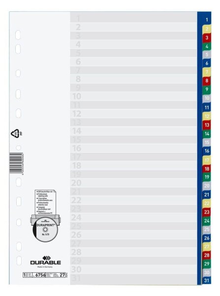 DURABLE Ordnerregister DIN A4 Vollformat 1-31 blau, gelb, rot, grün, grau 31-teilig, 1 Satz