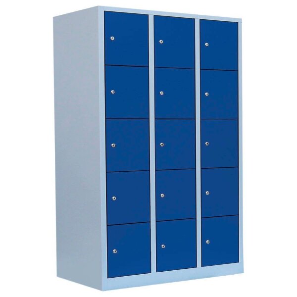 LÜLLMANN Schließfachschrank lichtgrau, enzianblau 523531, 15 Schließfächer 118,5 x 50,0 x 180,0 cm