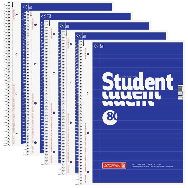 BRUNNEN Collegeblöcke Student liniert DIN A4 Innenrand, 5 Blöcke