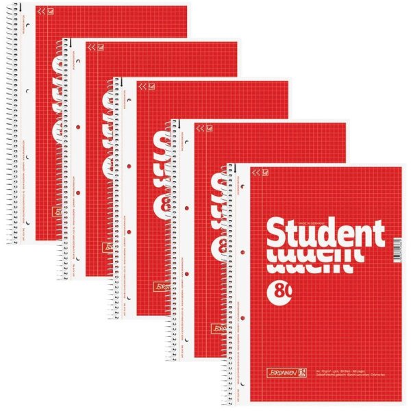 BRUNNEN Collegeblöcke Student kariert DIN A4 Innenrand, 5 Blöcke