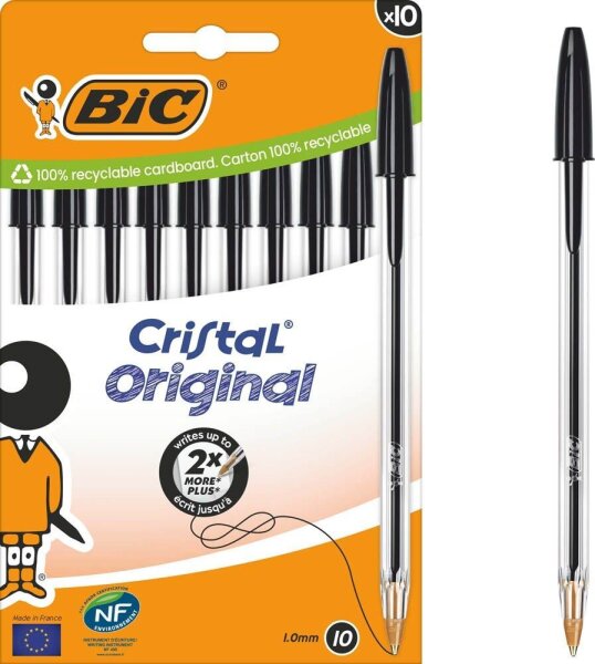 BIC Kugelschreiber Cristal Original transparent, Schreibfarbe: schwarz, 10 St.