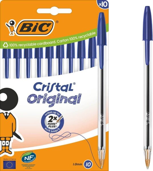BIC Kugelschreiber Cristal Original transparent, Schreibfarbe: blau, 10 St.