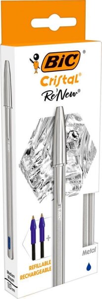 BIC Kugelschreiber Cristal ReNew metallic-silber, Schreibfarbe: blau, 1 Set