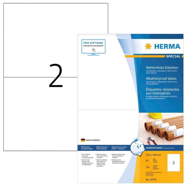 HERMA wetterfeste Etiketten weiß 210,0 x 148,0 mm, 80 Blatt