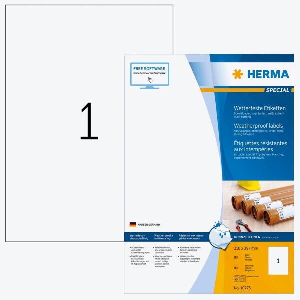 HERMA wetterfeste Etiketten weiß 210,0 x 297,0 mm, 80 Blatt