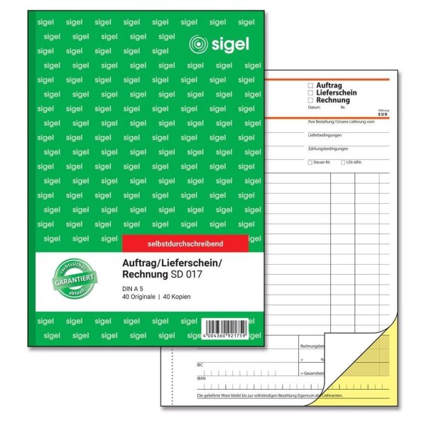 SIGEL Auftrag/Lieferscheine /Rechnungen Formularbuch SD017, 1 St.