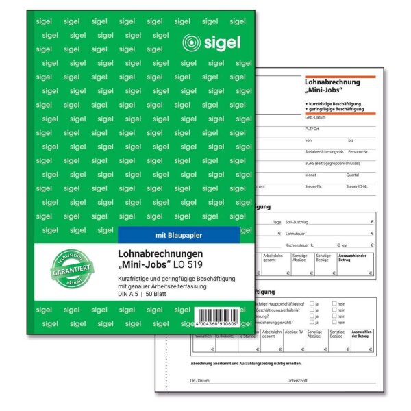 SIGEL Lohnabrechnung für geringfügig/kurzfristig Beschäftigte Formularbuch LO519, 1 St.