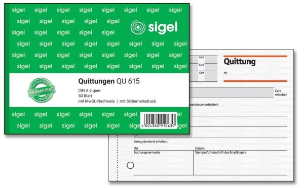 SIGEL Quittung, MwSt. separat ausgewiesen Formularbuch QU615, 1 St.