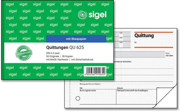 SIGEL Quittung, MwSt. separat ausgewiesen Formularbuch QU625, 1 St.