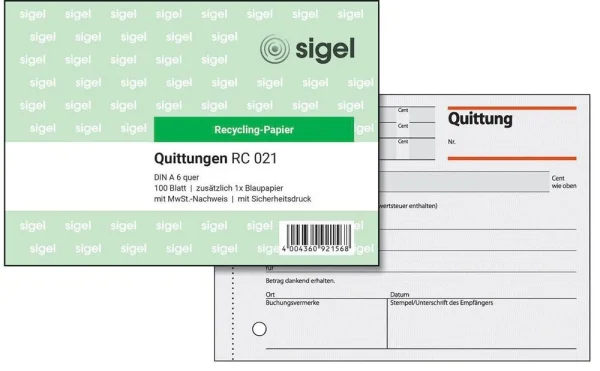 SIGEL Quittung, MwSt. separat ausgewiesen Formularbuch...