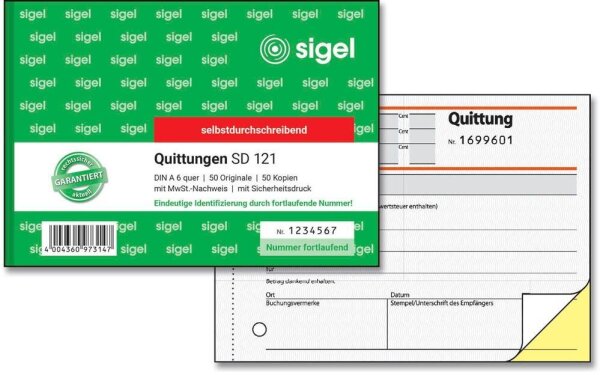 SIGEL Quittung mit MwSt. separat ausgewiesen, mit fortlaufenden Nummern Formularbuch SD121, 1 St.