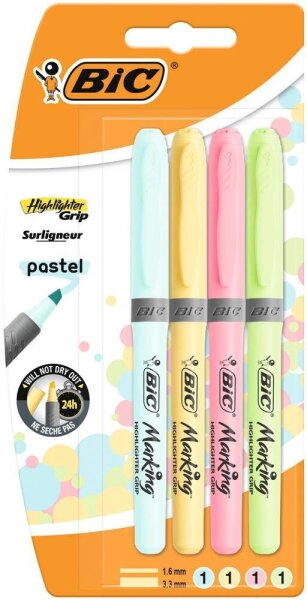 BIC Highlighter Grip Pastel Textmarker farbsortiert, 4 St.