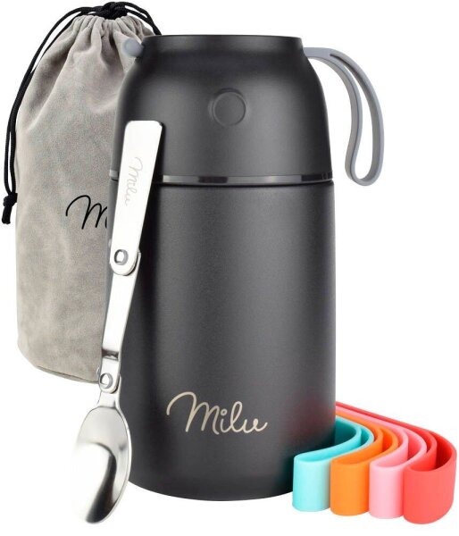 Milu Isolier-Speisebehälter schwarz 1 Thermobehälter mit Tasche, klappbarer Löffel, 5 farbige Trageschlaufen aus Gummi, 1 St.