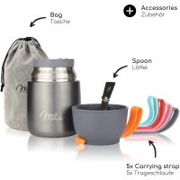 Milu Isolier-Speisebehälter grau 1 Thermobehälter mit Tasche, klappbarer Löffel, 5 farbige Trageschlaufen aus Gummi, 1 St.