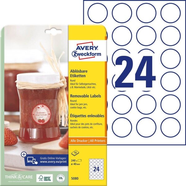 AVERY Zweckform Etiketten 5080 weiß 40,0 x 40,0 mm, 10 Blatt