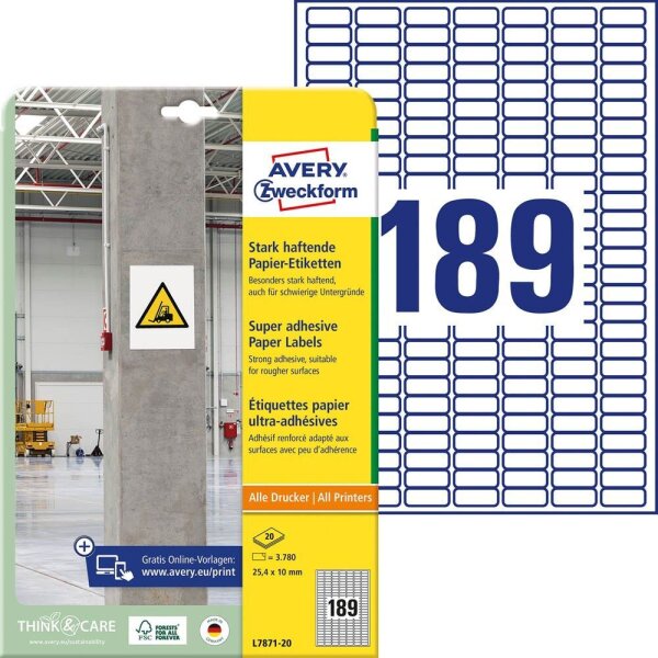 AVERY Zweckform Power-Etiketten L7871-20 weiß 25,4 x 10,0 mm, 20 Blatt