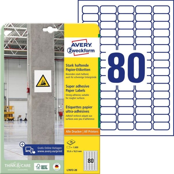 AVERY Zweckform Power-Etiketten L7872-20 weiß 35,6 x 16,9 mm, 20 Blatt