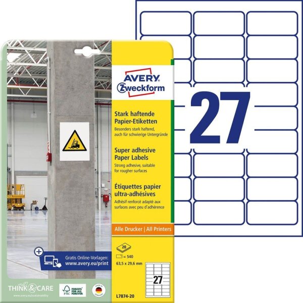 AVERY Zweckform Power-Etiketten L7874-20 weiß 63,5 x 29,6 mm, 20 Blatt