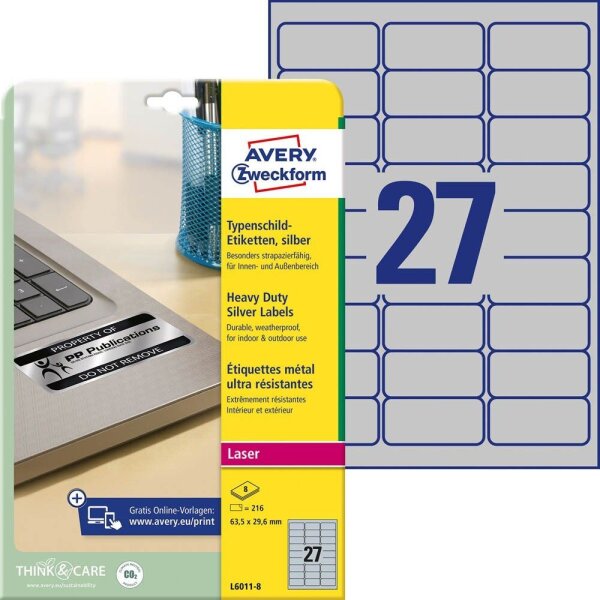 AVERY Zweckform Typenschildetiketten L6011-8 silber 63,5 x 29,6 mm, 8 Blatt