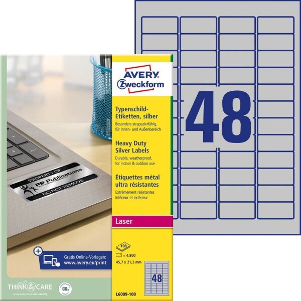 AVERY Zweckform Typenschildetiketten L6009-100 silber 45,7 x 21,2 mm, 100 Blatt