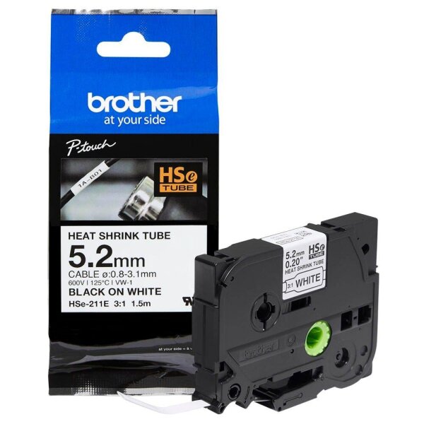 brother Schrumpfschlauch HSe-211E HSE211E, 5,2 mm, schwarz auf weiß, 1 St.