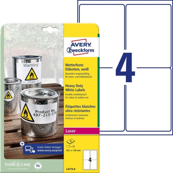 AVERY Zweckform wetterfeste Folienetiketten L4774-8 weiß 99,1 x 139,0 mm, 8 Blatt