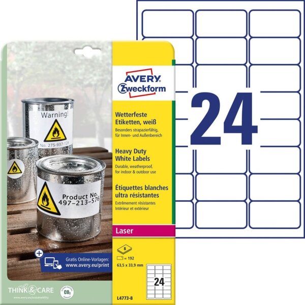 AVERY Zweckform wetterfeste Folienetiketten L4773-8 weiß 63,5 x 33,9 mm, 8 Blatt
