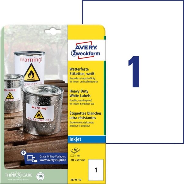 AVERY Zweckform wetterfeste Folienetiketten J4775-10 weiß 210,0 x 297,0 mm, 10 Blatt