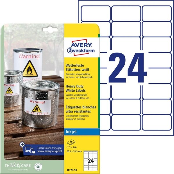 AVERY Zweckform wetterfeste Folienetiketten J4773-10 weiß 63,5 x 33,9 mm, 10 Blatt