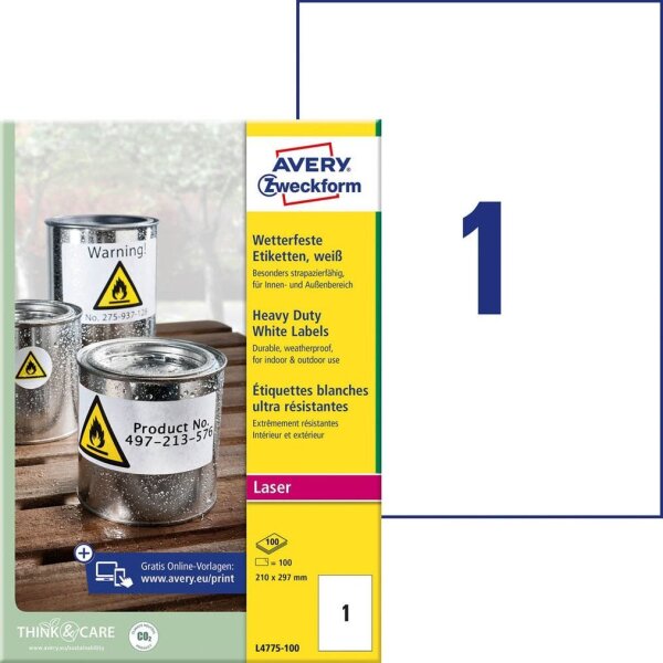 AVERY Zweckform wetterfeste Folienetiketten L4775-100 weiß 210,0 x 297,0 mm, 100 Blatt