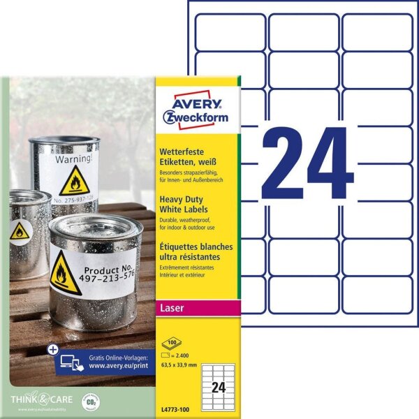 AVERY Zweckform wetterfeste Folienetiketten L4773-100 weiß 63,5 x 33,9 mm, 100 Blatt