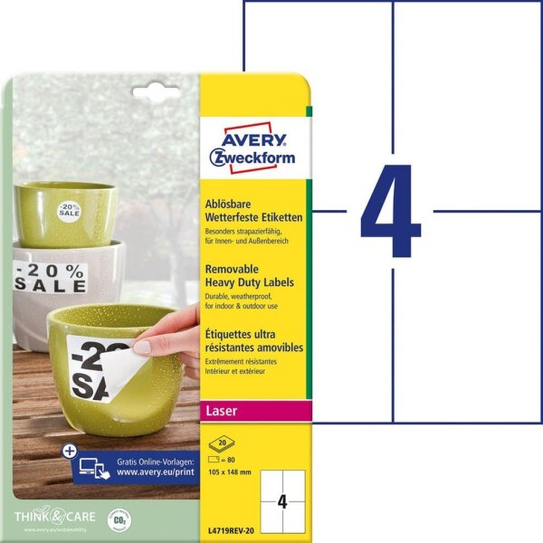 AVERY Zweckform wetterfeste Folienetiketten L4719REV-20 weiß 105,0 x 148,0 mm, 20 Blatt
