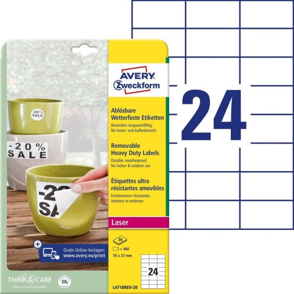 AVERY Zweckform wetterfeste Folienetiketten L4718REV-20 weiß 70,0 x 37,0 mm, 20 Blatt