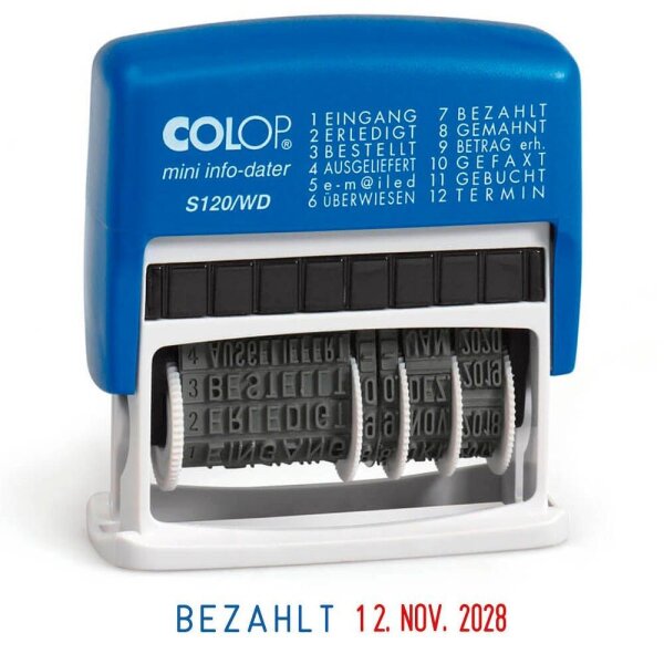 COLOP Datumstempel mit Text Mini-Info-Dater S120/WD selbstfärbend blau rot ohne Logo, 1 St.