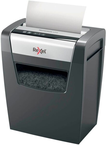 Rexel Momentum X312 Aktenvernichter mit Partikelschnitt P-3, 5 x 42 mm, bis 12 Blatt, schwarz