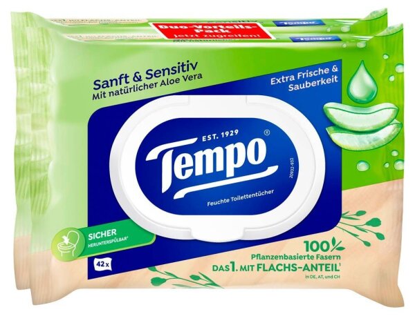 Tempo Feuchtes Toilettenpapier Sanft & Sensitiv Duo-Pack 1-lagig, 2x 42 Tücher