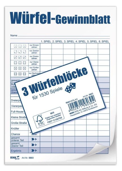 RNK-Verlag Ersatzblock DIN A6 Würfelspiel, 3 Block