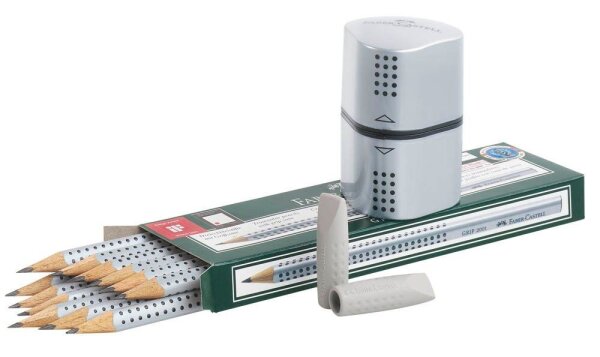 FABER-CASTELL GRIP 2001 Bleistift-Set HB silber mit Radierer, 1 Set