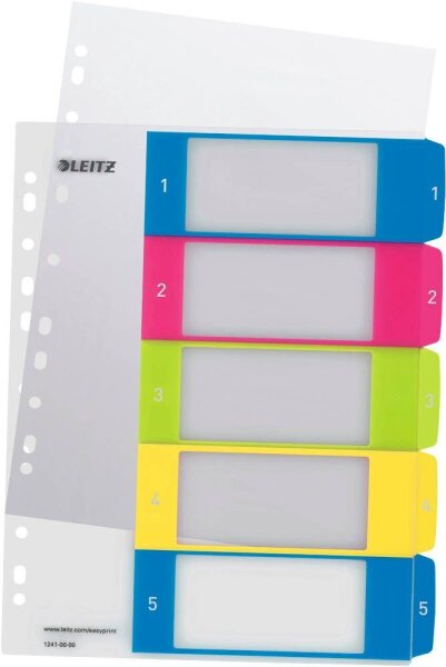 LEITZ Ordnerregister WOW DIN A4 Vollformat, Überbreite 1-5 farbig 5-teilig, 1 Satz