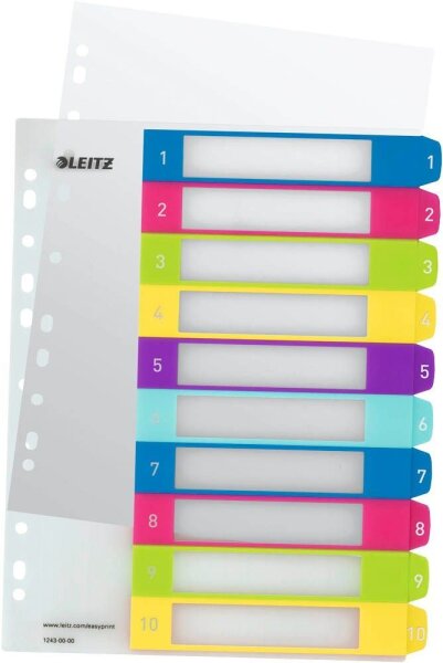 LEITZ Ordnerregister WOW DIN A4 Vollformat, Überbreite 1-10 farbig 10-teilig, 1 Satz
