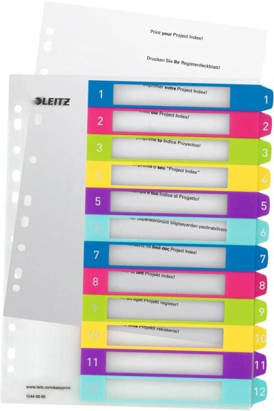 LEITZ Ordnerregister WOW DIN A4 Vollformat, Überbreite 1-12 farbig 12-teilig, 1 Satz