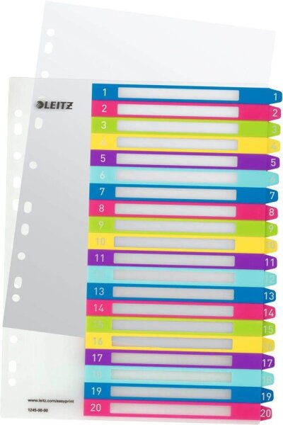 LEITZ Ordnerregister WOW DIN A4 Vollformat, Überbreite 1-20 farbig 20-teilig, 1 Satz