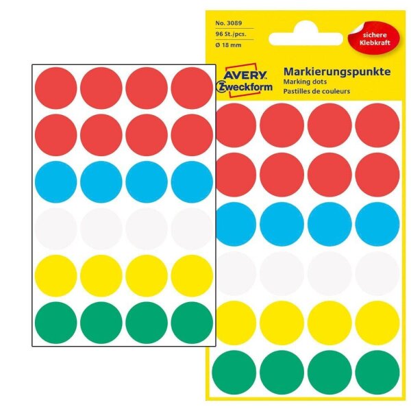 AVERY Zweckform Klebepunkte 3089 farbsortiert Ø 18,0 mm, 96 St.