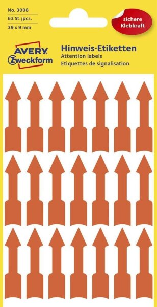 AVERY Zweckform Hinweisetiketten 3008 Pfeile, leuchtorange 9,0 x 39,0 mm, 63 Etiketten